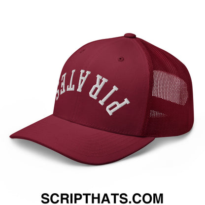 Upside Down Pirates Embroidered Mesh Trucker Hat Cranberry