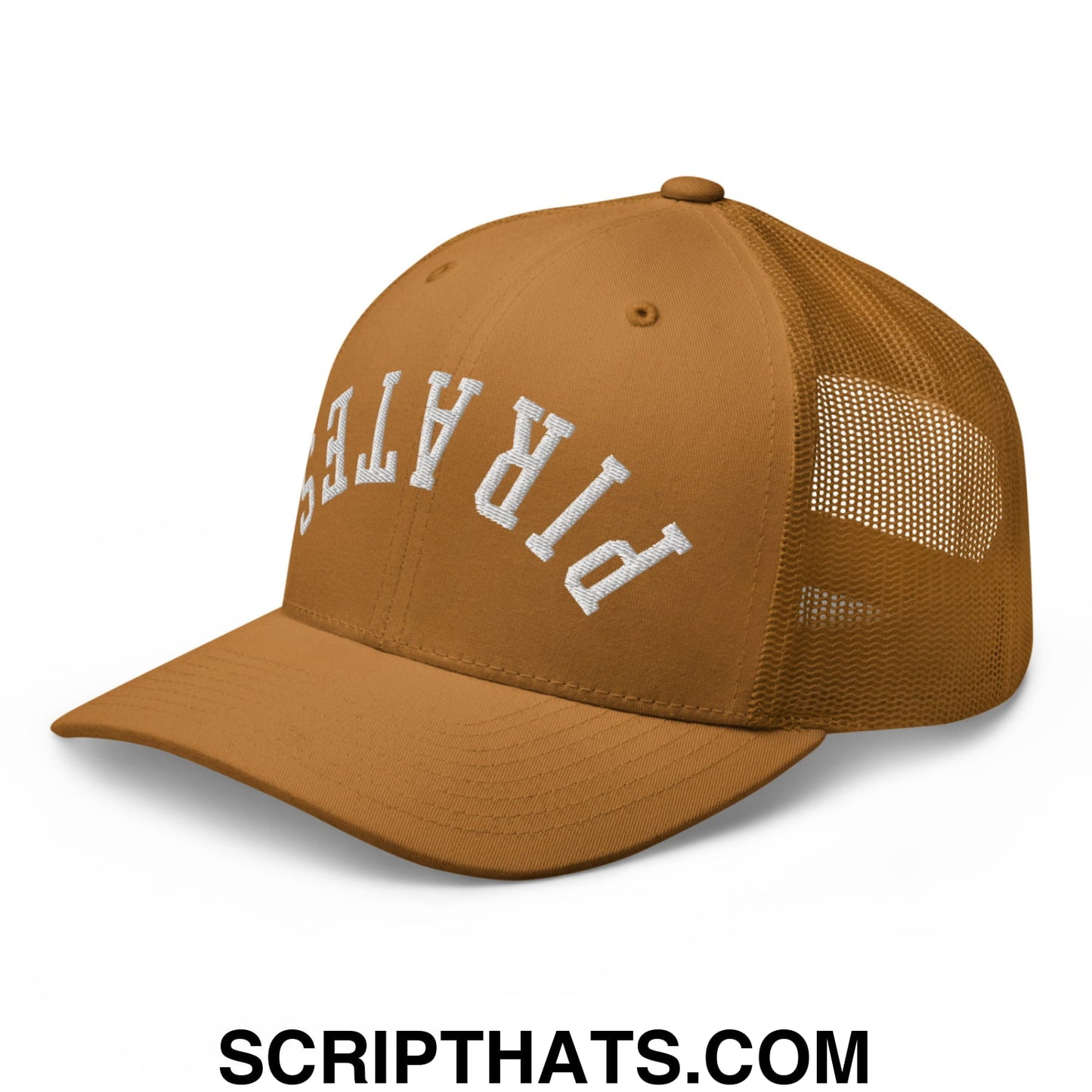 Upside Down Pirates Embroidered Mesh Trucker Hat Caramel