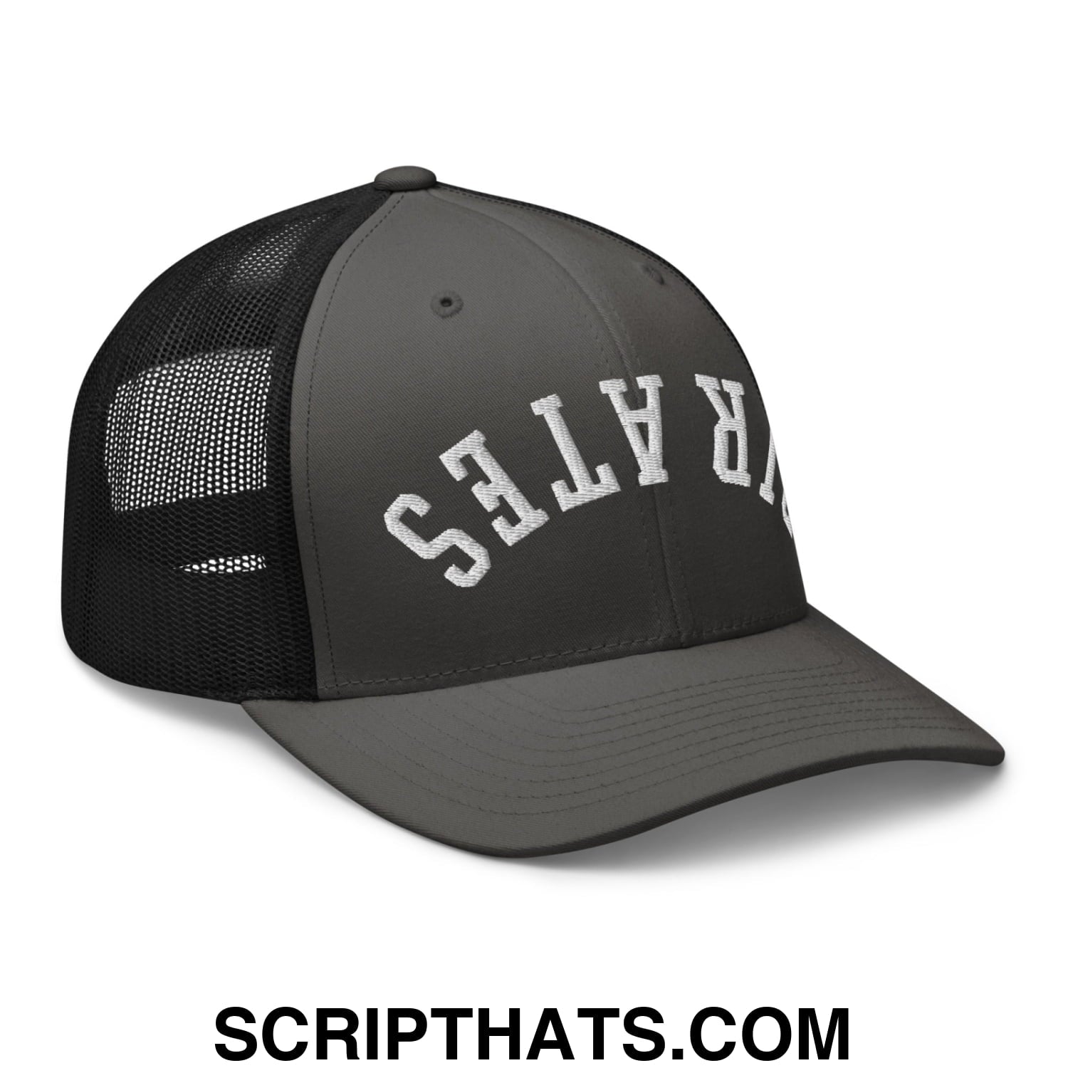 Upside Down Pirates Embroidered Mesh Trucker Hat Charcoal Black