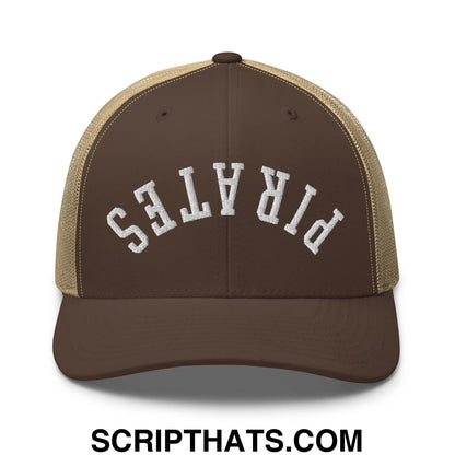 Upside Down Pirates Embroidered Mesh Trucker Hat Brown Khaki