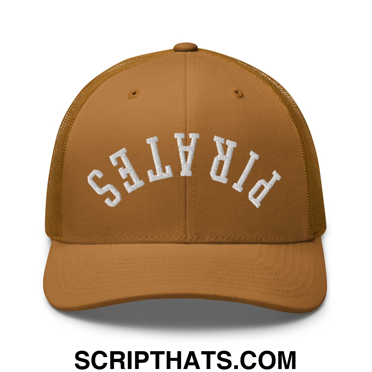 Upside Down Pirates Embroidered Mesh Trucker Hat Caramel
