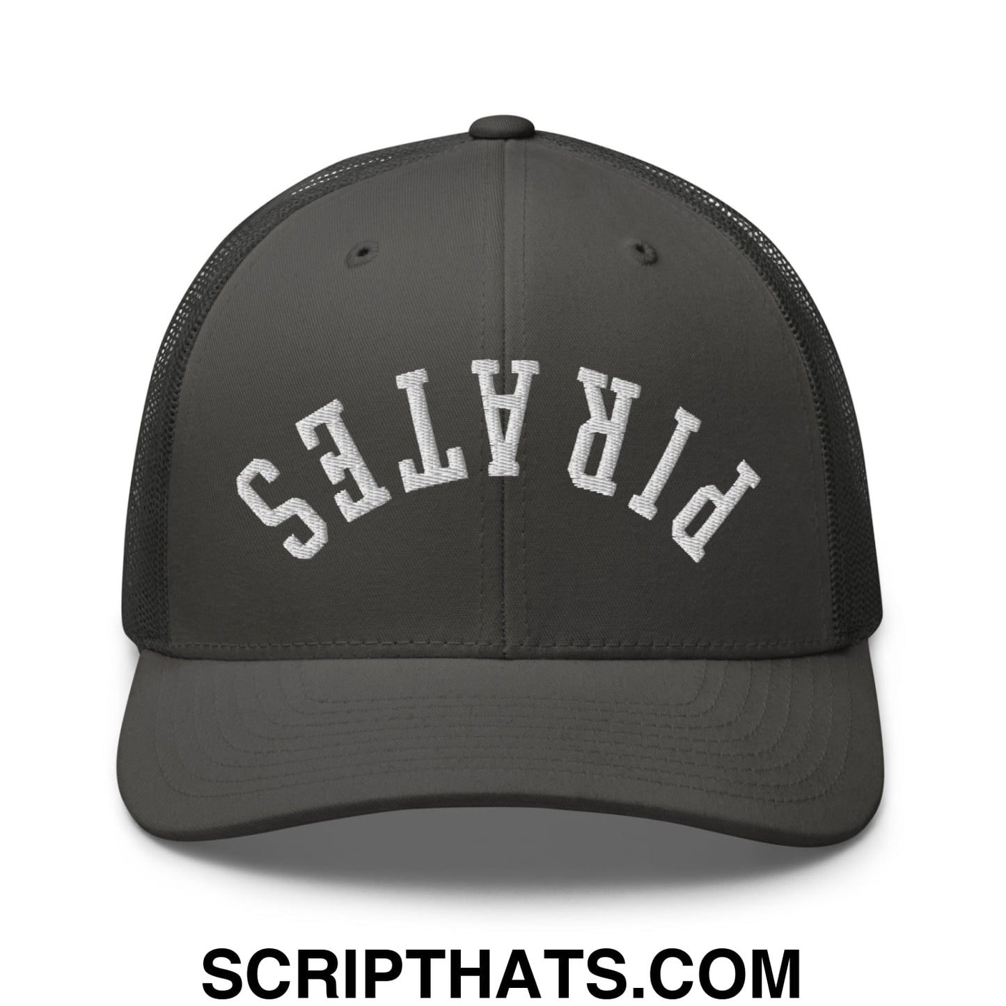 Upside Down Pirates Embroidered Mesh Trucker Hat Charcoal