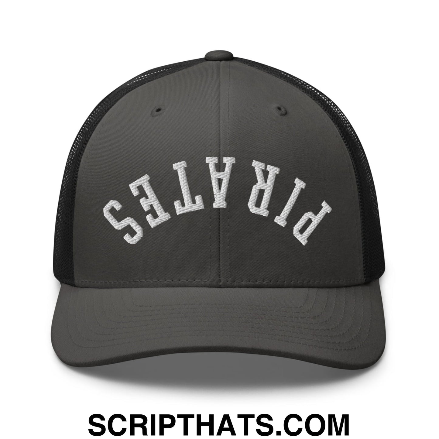 Upside Down Pirates Embroidered Mesh Trucker Hat Charcoal Black