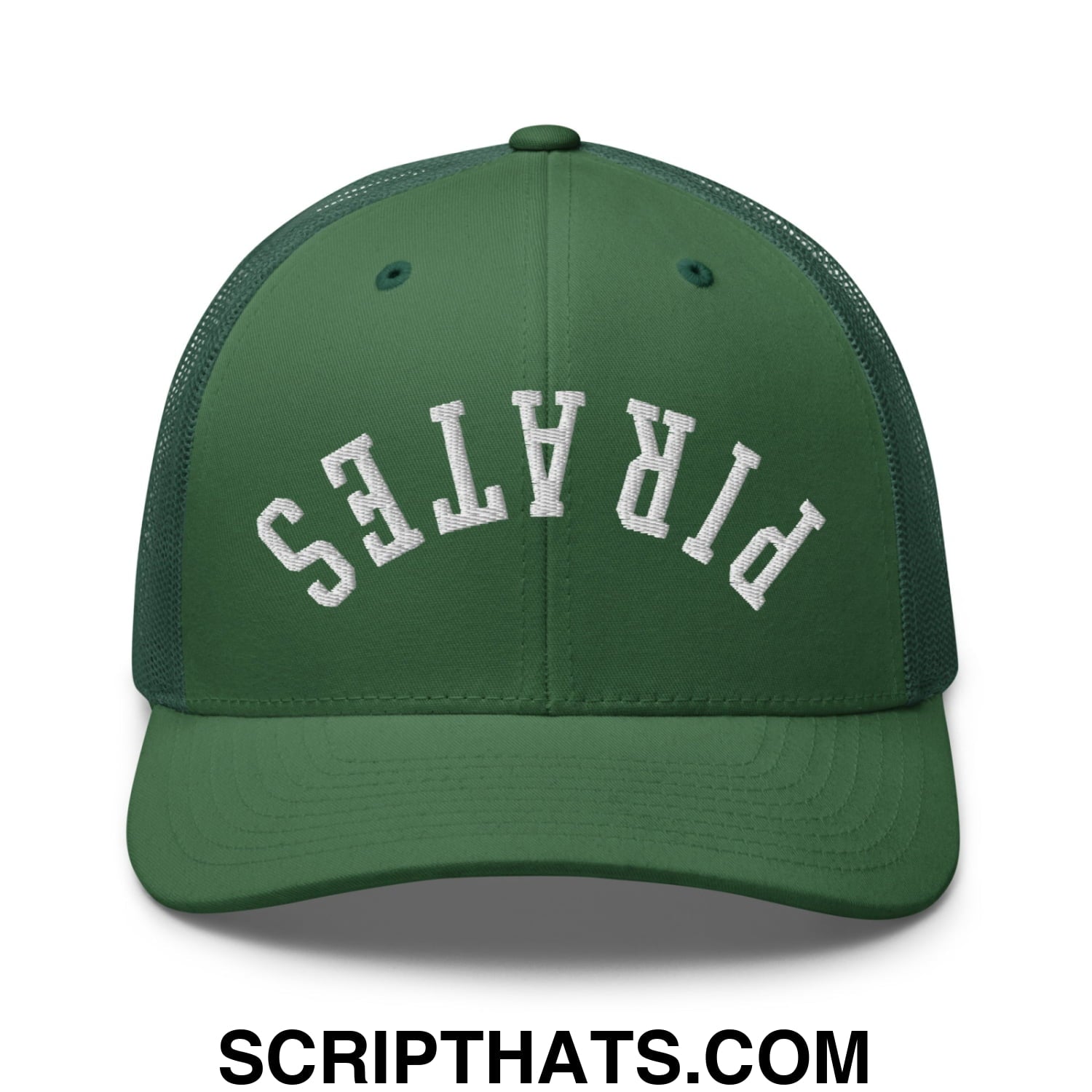 Upside Down Pirates Embroidered Mesh Trucker Hat Evergreen