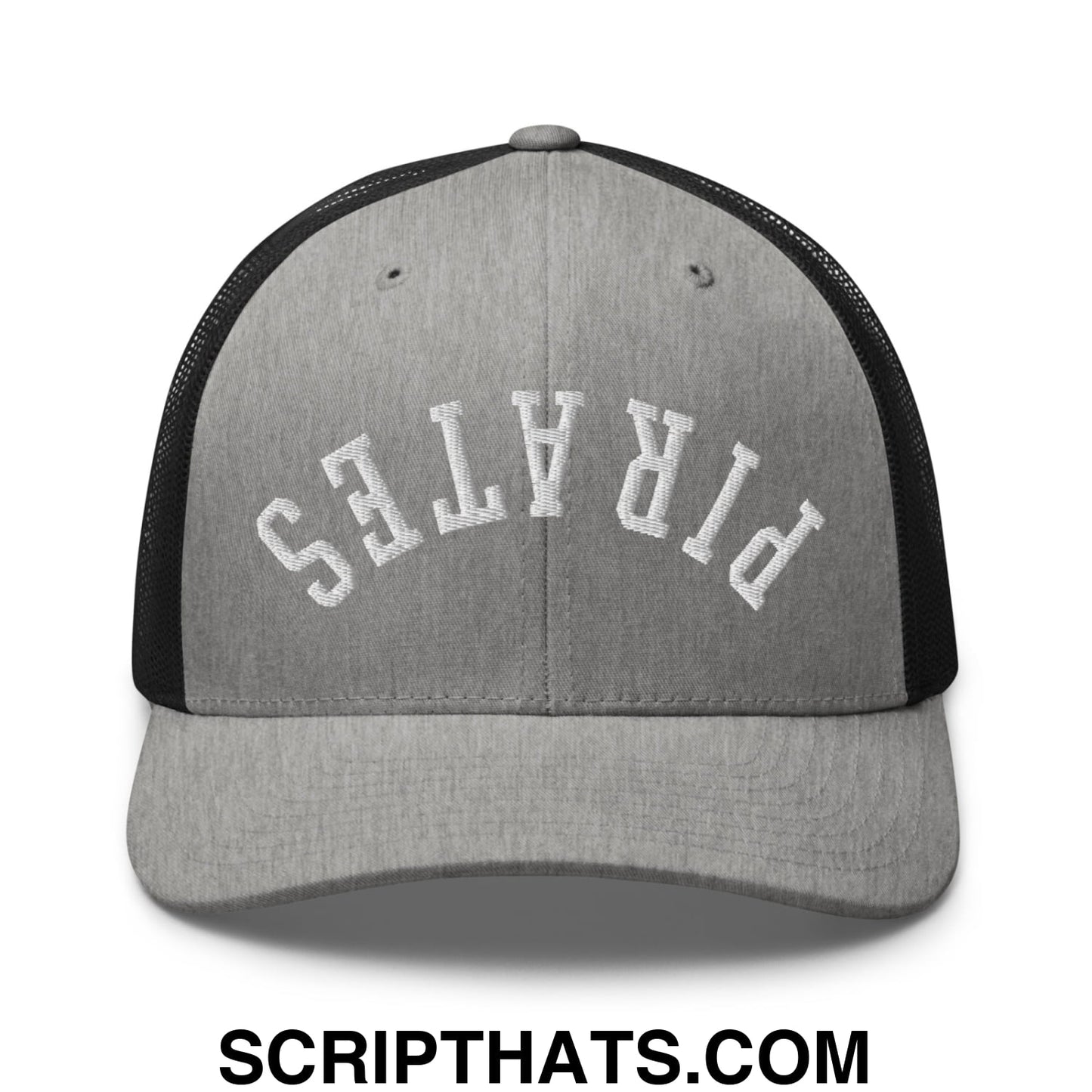 Upside Down Pirates Embroidered Mesh Trucker Hat Heather Black