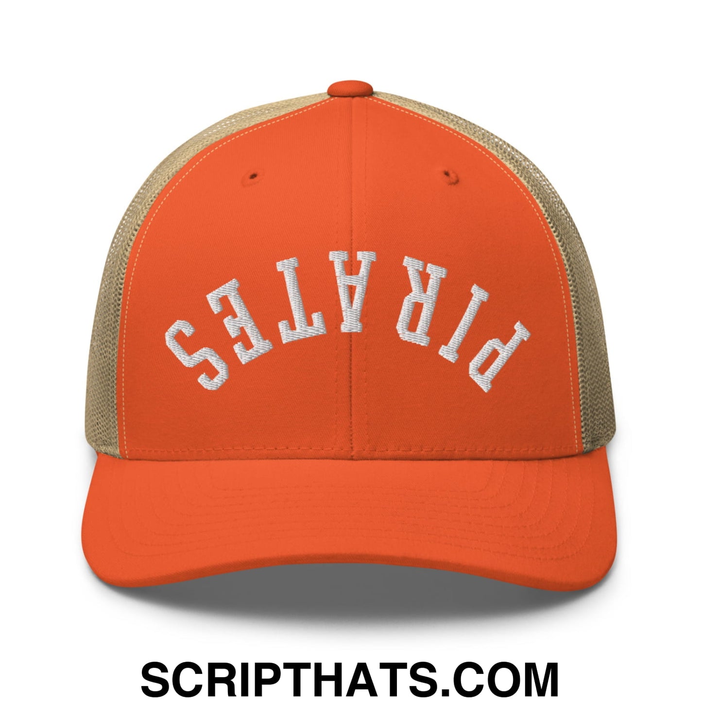 Upside Down Pirates Embroidered Mesh Trucker Hat Rustic Orange Khaki