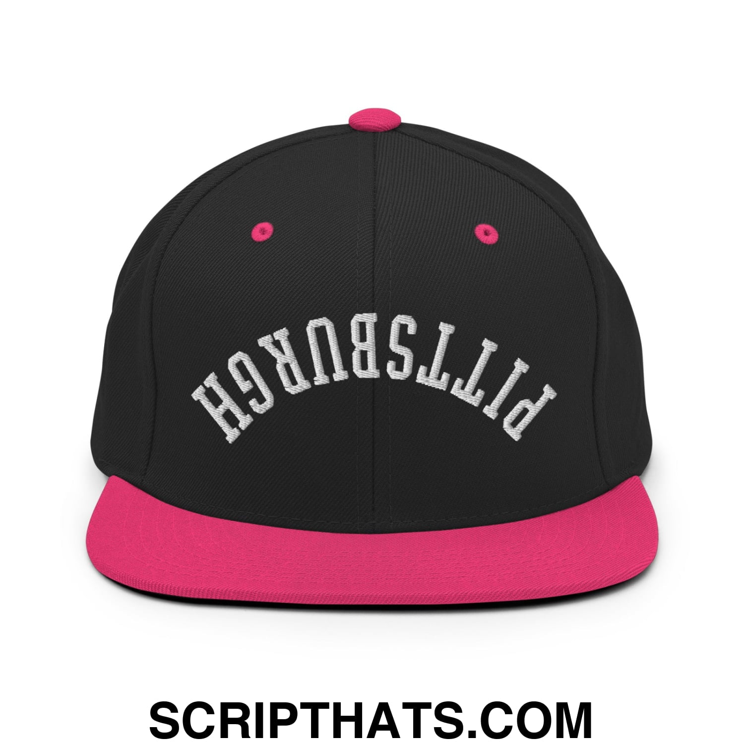 Upside Down Pittsburgh Embroidered Flat Bill Brim Snapback Hat Black Neon Pink