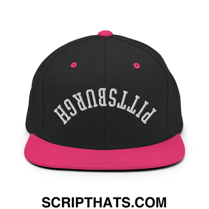 Upside Down Pittsburgh Embroidered Flat Bill Brim Snapback Hat Black Neon Pink