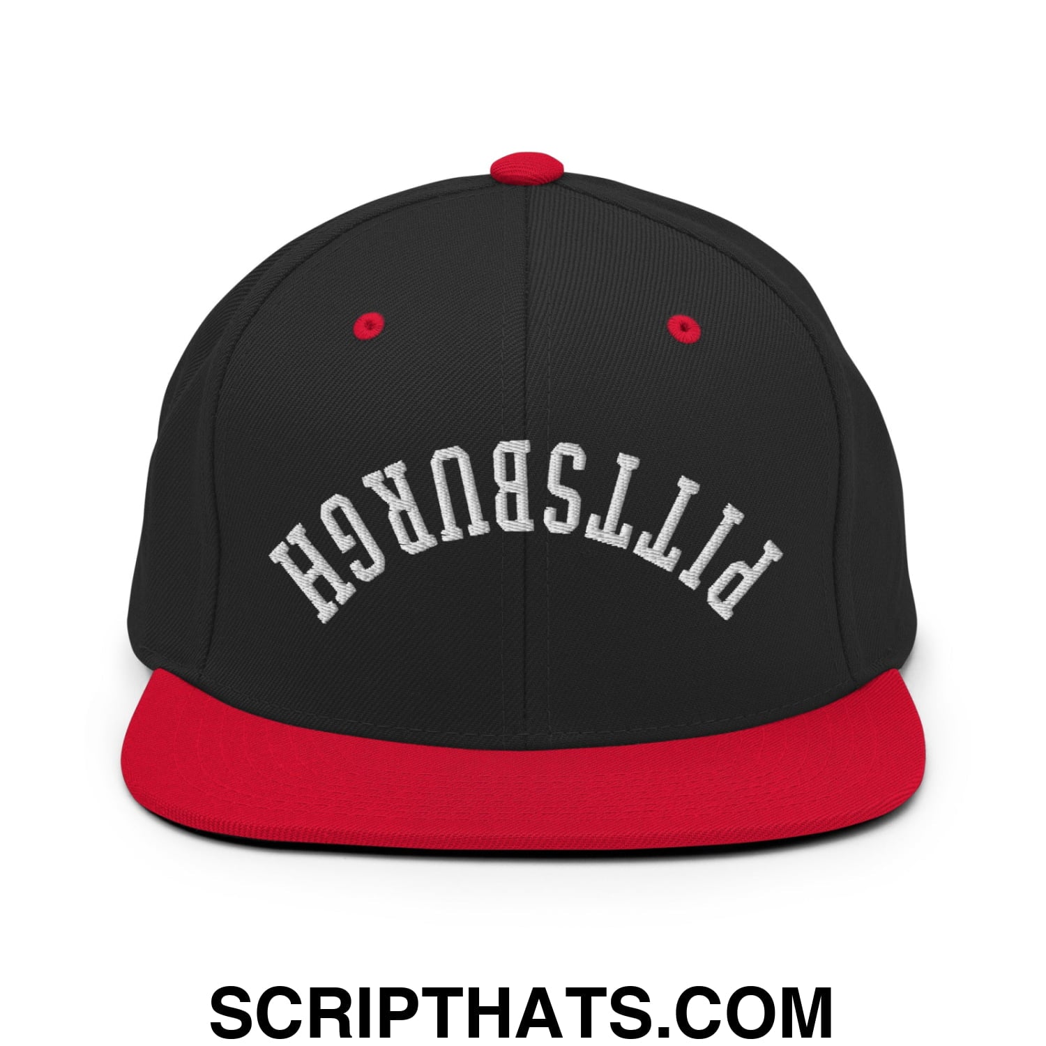 Upside Down Pittsburgh Embroidered Flat Bill Brim Snapback Hat Black Red
