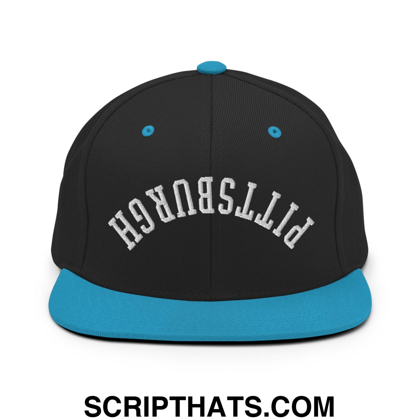 Upside Down Pittsburgh Embroidered Flat Bill Brim Snapback Hat Black Teal