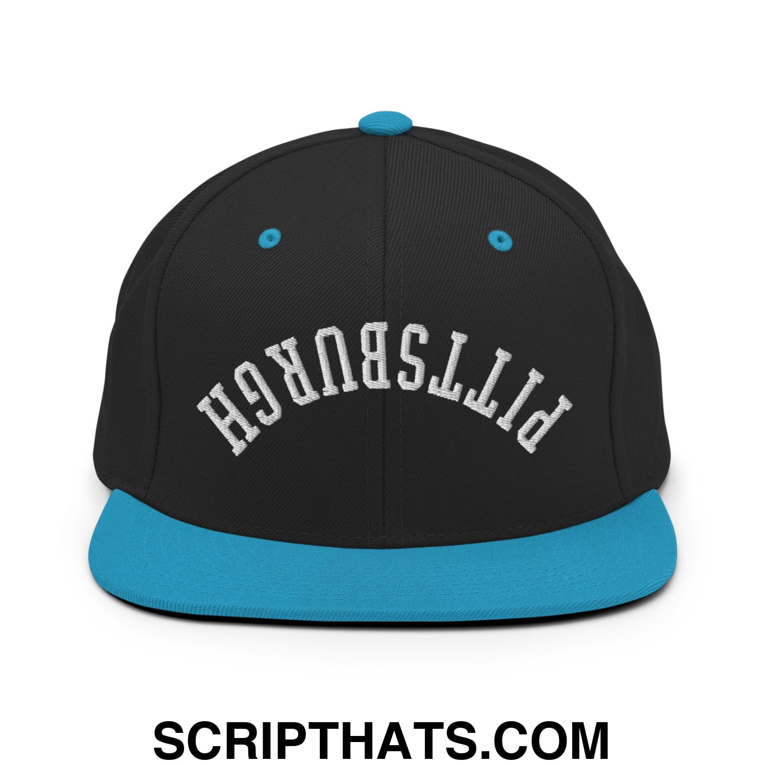 Upside Down Pittsburgh Embroidered Flat Bill Brim Snapback Hat Black Teal
