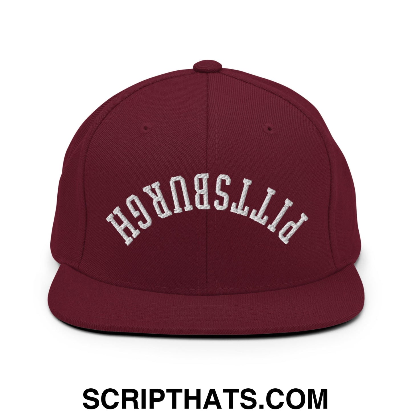 Upside Down Pittsburgh Embroidered Flat Bill Brim Snapback Hat Maroon