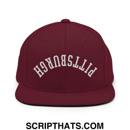 Upside Down Pittsburgh Embroidered Flat Bill Brim Snapback Hat Maroon