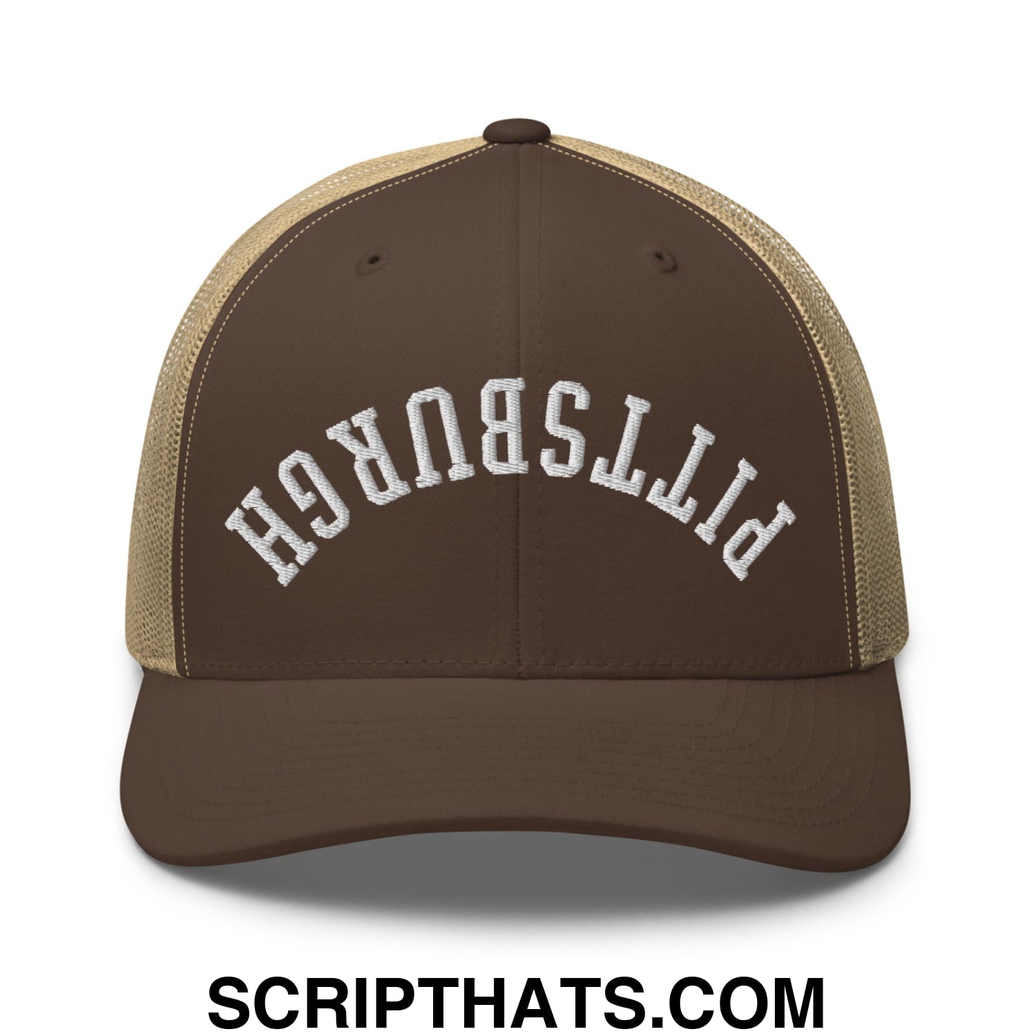 Upside Down Pittsburgh Embroidered Mesh Trucker Hat Brown Khaki