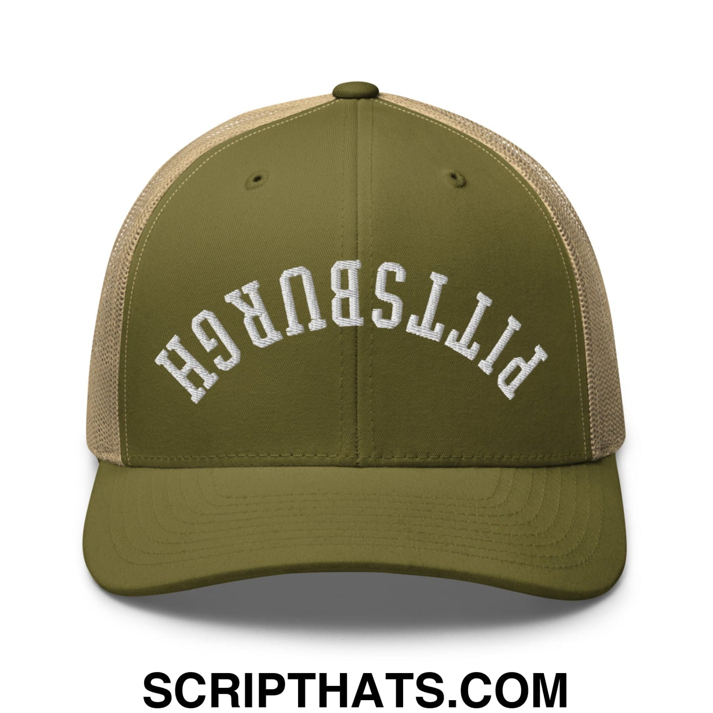 Upside Down Pittsburgh Embroidered Mesh Trucker Hat Moss Khaki