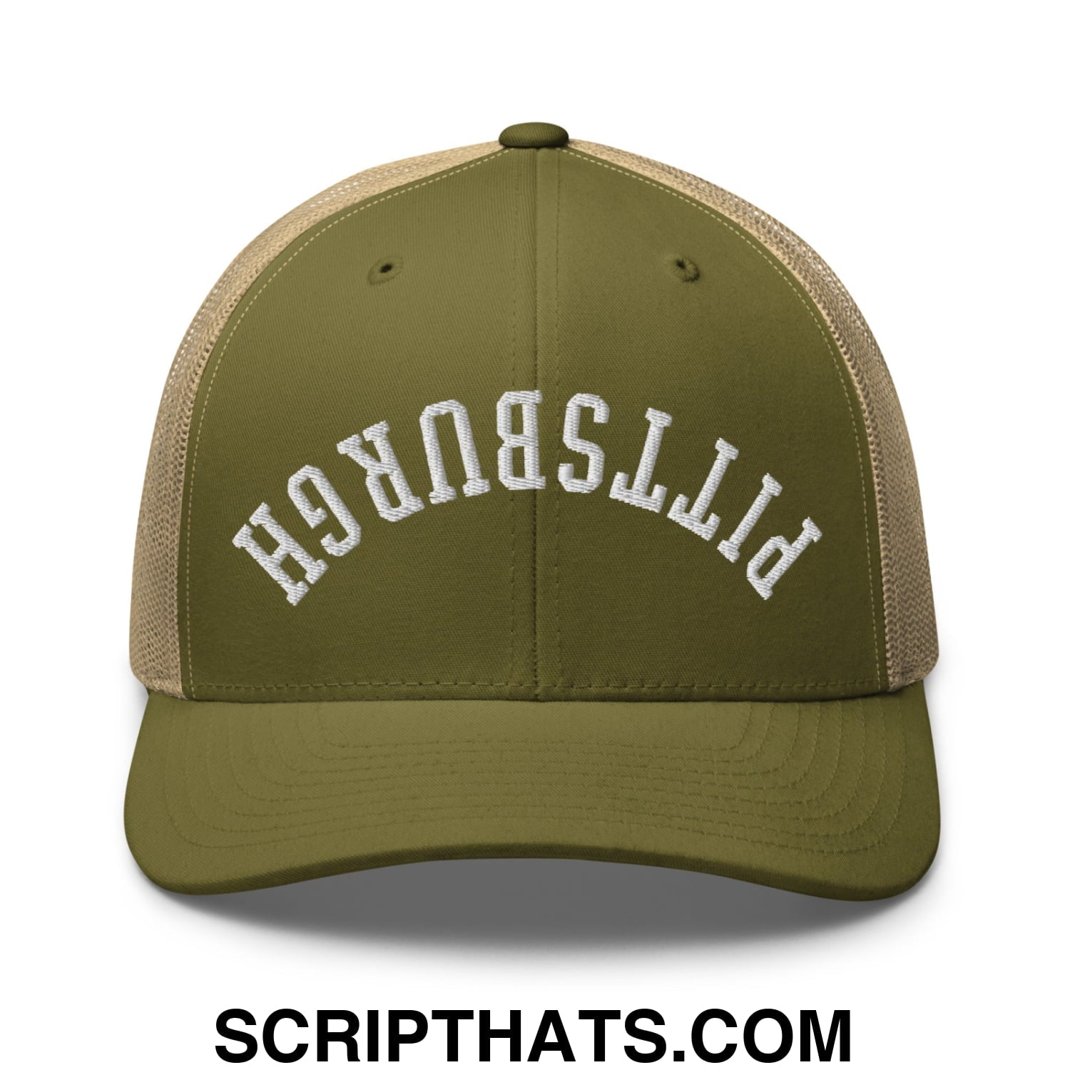 Upside Down Pittsburgh Embroidered Mesh Trucker Hat Moss Khaki