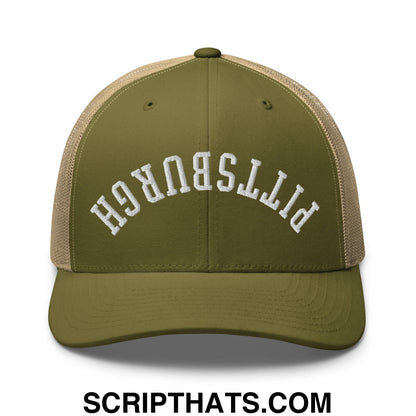 Upside Down Pittsburgh Embroidered Mesh Trucker Hat Moss Khaki