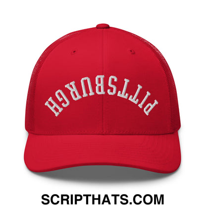Upside Down Pittsburgh Embroidered Mesh Trucker Hat Red