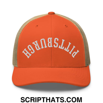 Upside Down Pittsburgh Embroidered Mesh Trucker Hat Rustic Orange Khaki