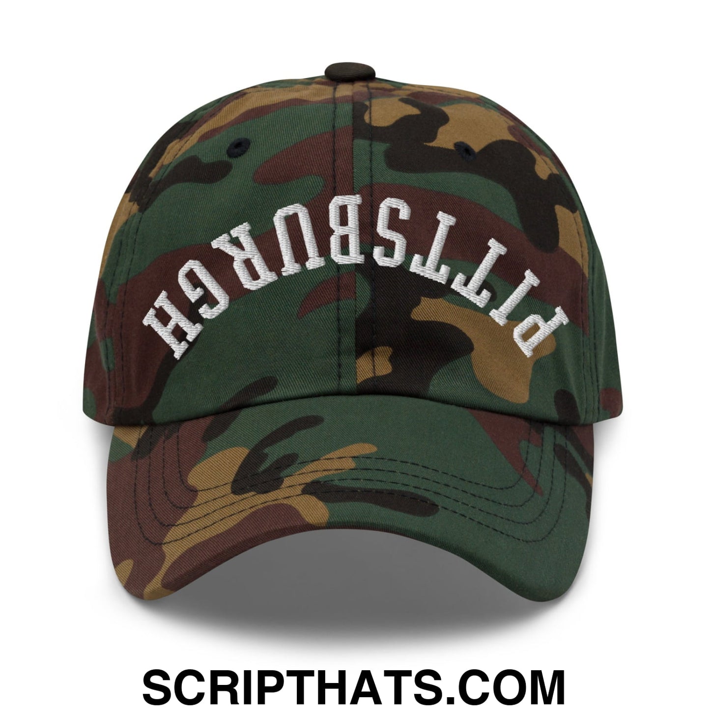 Upside Down Pittsburgh Embroidered Unstructured Dad Hat Green Camo