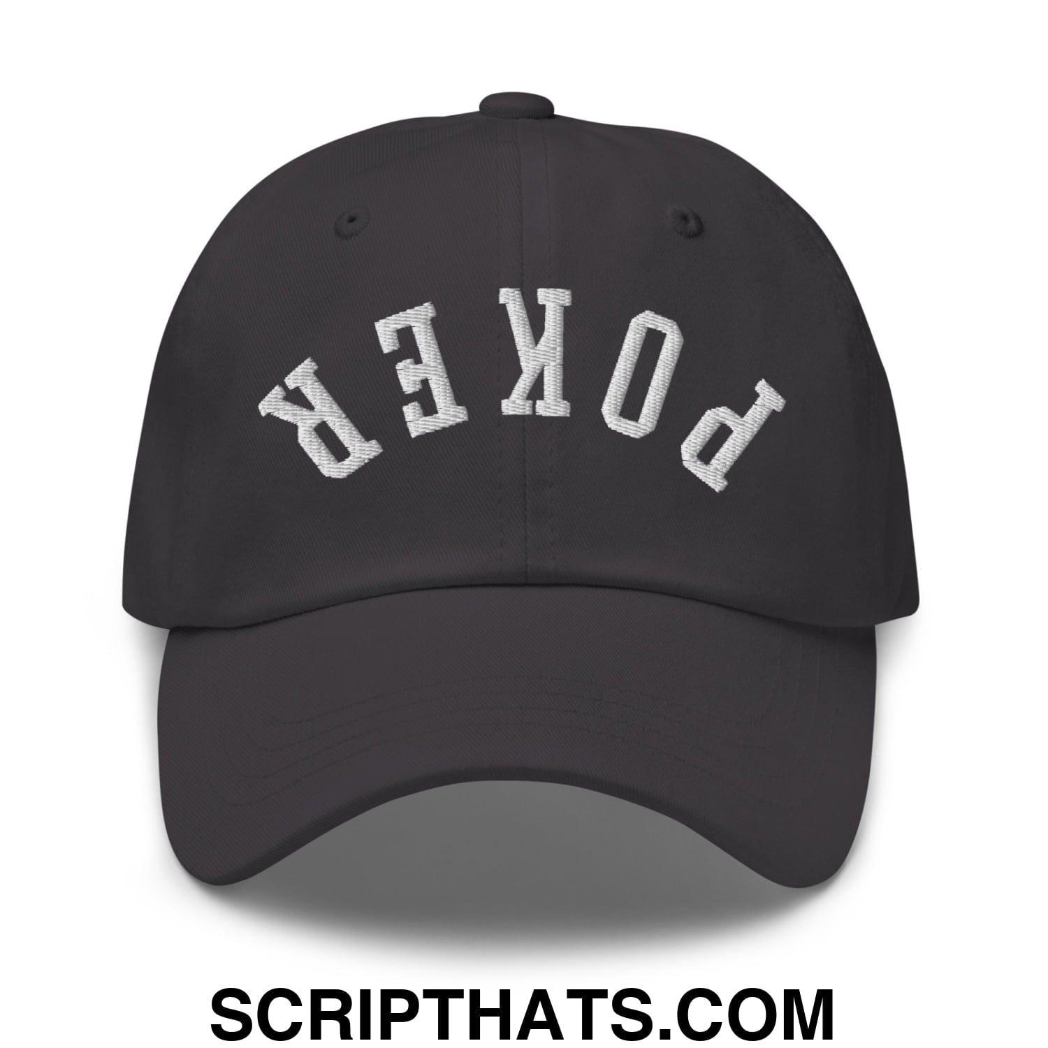 Black unstructured dad hat with white embroidered poker lettering in an arched design for casual wear