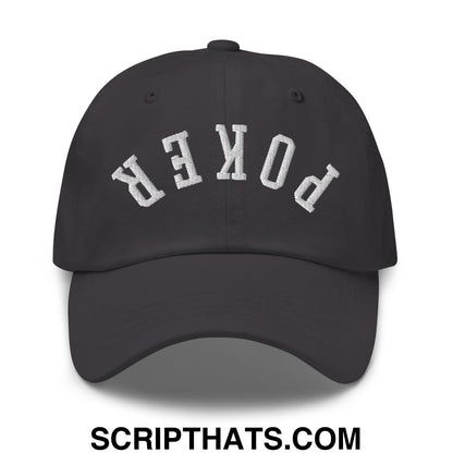 Black unstructured dad hat with white embroidered poker lettering in an arched design for casual wear