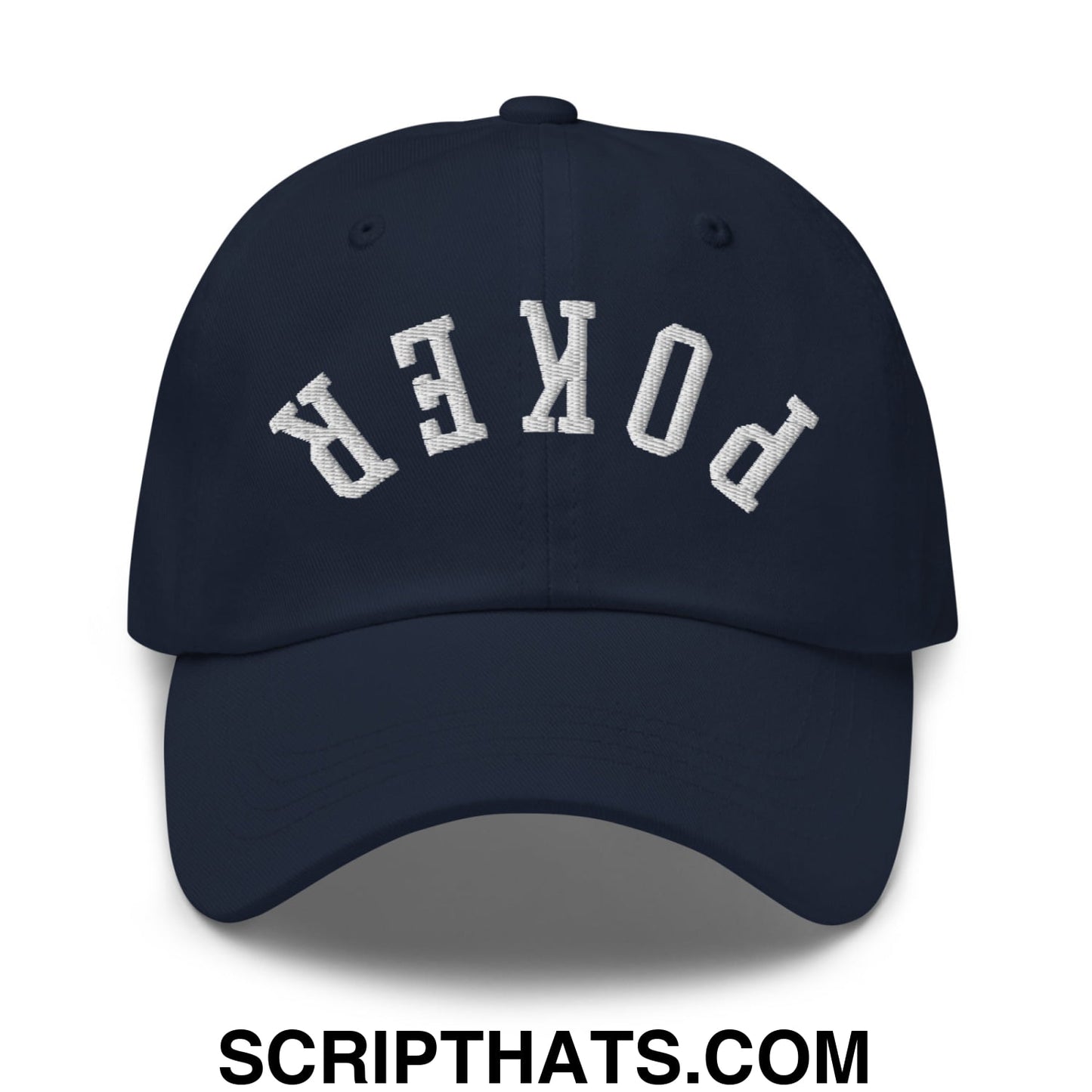 Navy blue unstructured dad hat featuring white arched poker embroidery ideal for casual wear