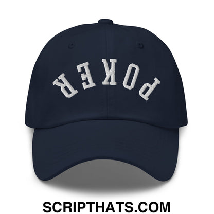 Navy blue unstructured dad hat featuring white arched poker embroidery ideal for casual wear