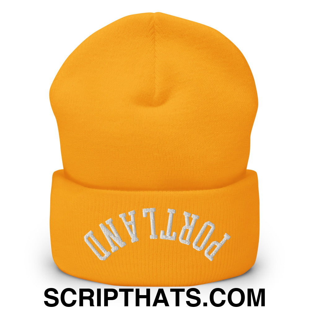 Upside Down Portland Embroidered Cuffed Knit Beanie Gold