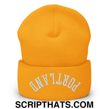 Upside Down Portland Embroidered Cuffed Knit Beanie Gold