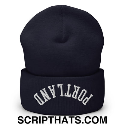 Upside Down Portland Embroidered Cuffed Knit Beanie Navy