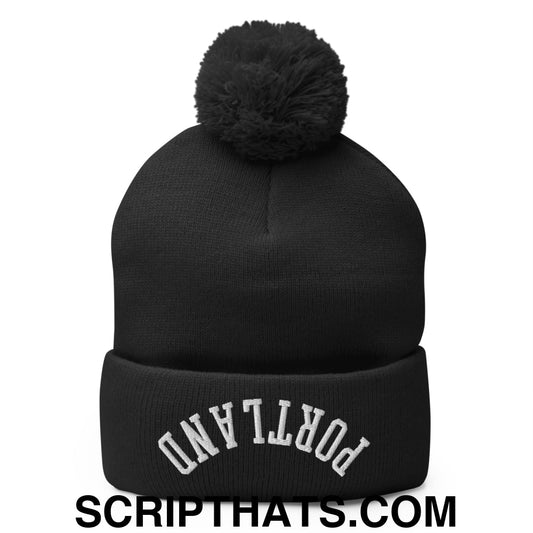 Upside Down Portland Embroidered Pom Pom Knit Beanie Black