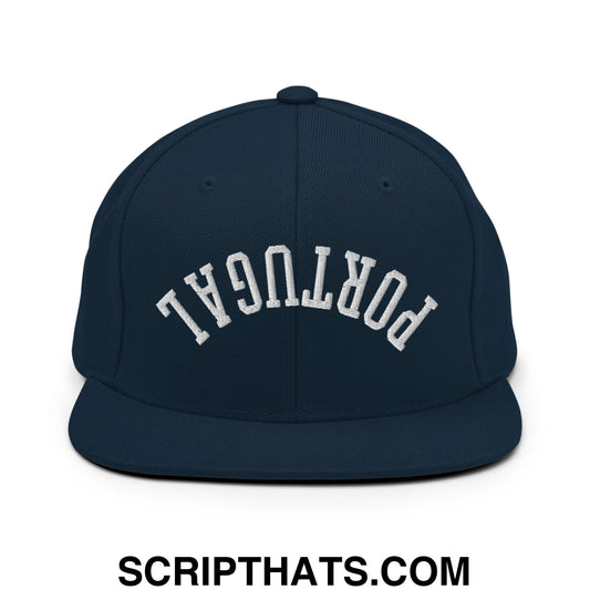 Navy blue snapback cap with white arched portugal embroidery and flat bill brim for casual wear