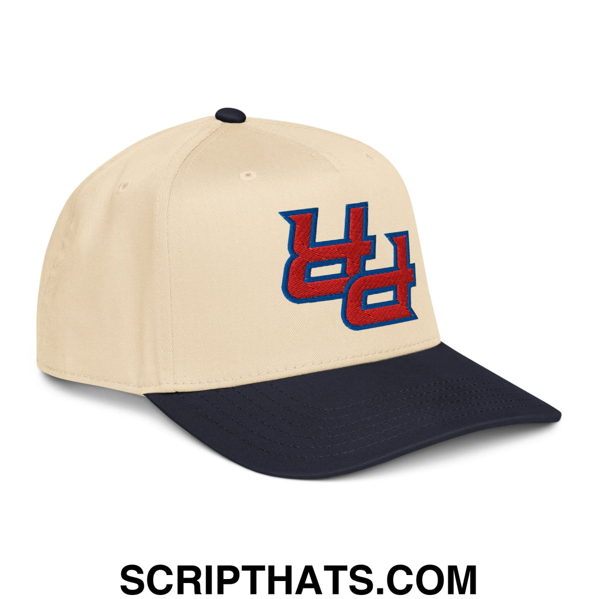 Beige and navy Upside Down PR Puerto Rico embroidered baseball snapback hat with red and blue uc logo