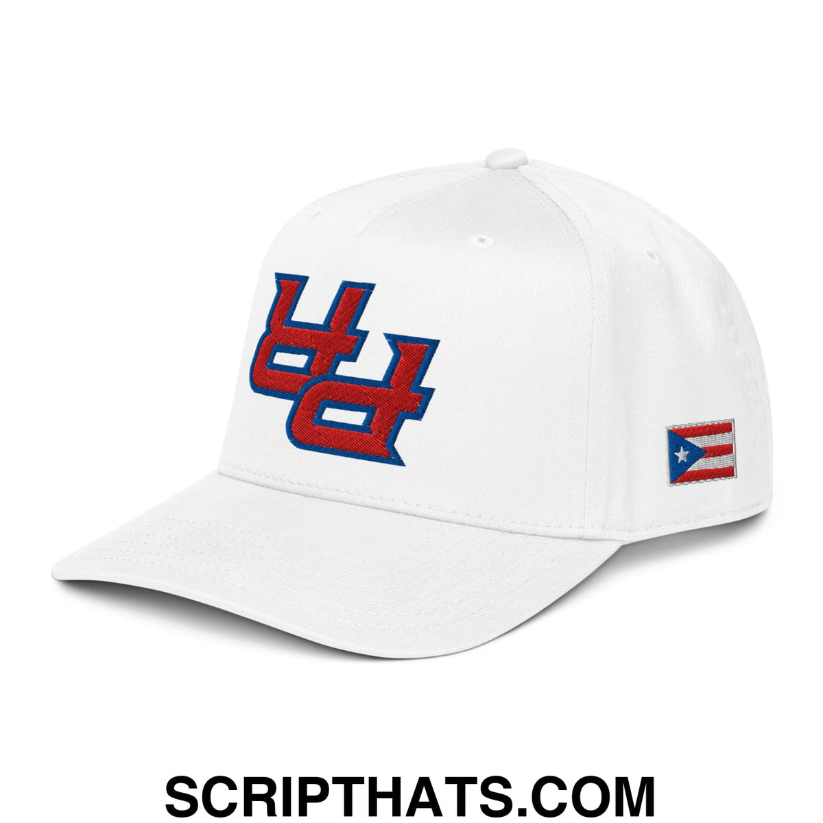 White baseball snapback hat with red and blue uh logo and puerto rican flag patch for upside down pr