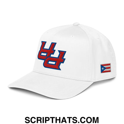 White baseball snapback hat with red and blue uh logo and puerto rican flag patch for upside down pr