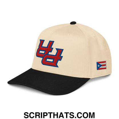 Beige and black baseball snapback hat with red blue uc logo and puerto rican flag patch on the side