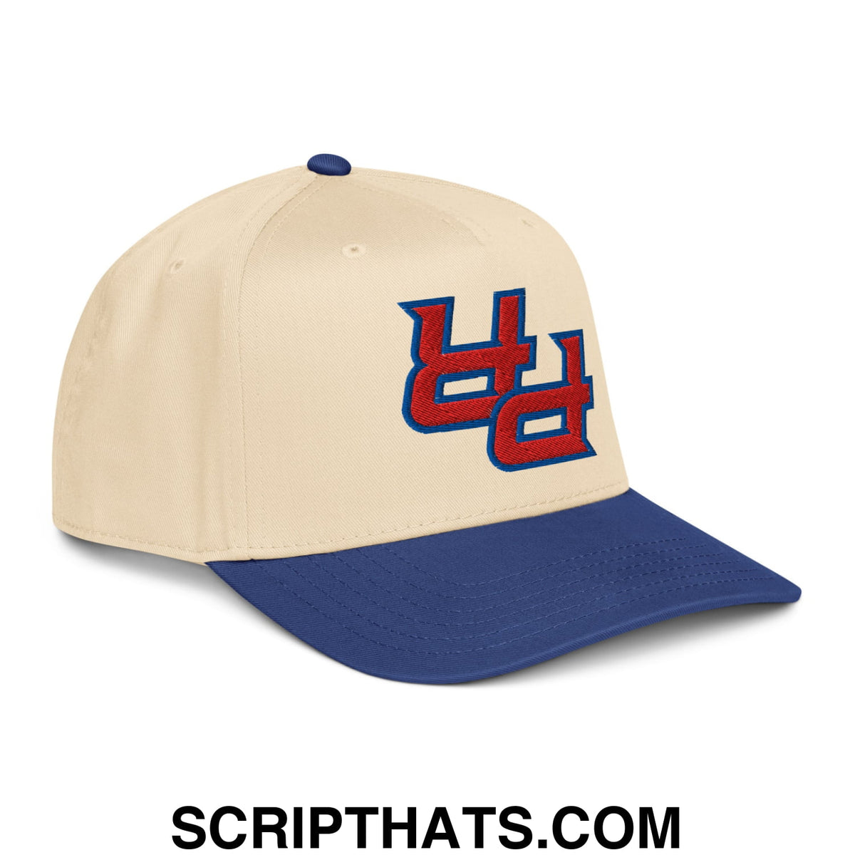 Beige and navy blue baseball snapback hat with a red and blue embroidered uc logo from upside down pr puerto rico