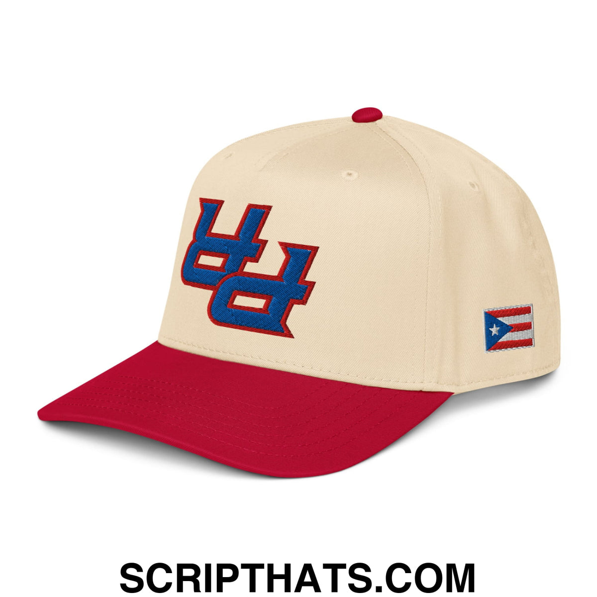 Cream-colored baseball snapback hat with red brim embroidered blue uc logo and puerto rican flag patch on side