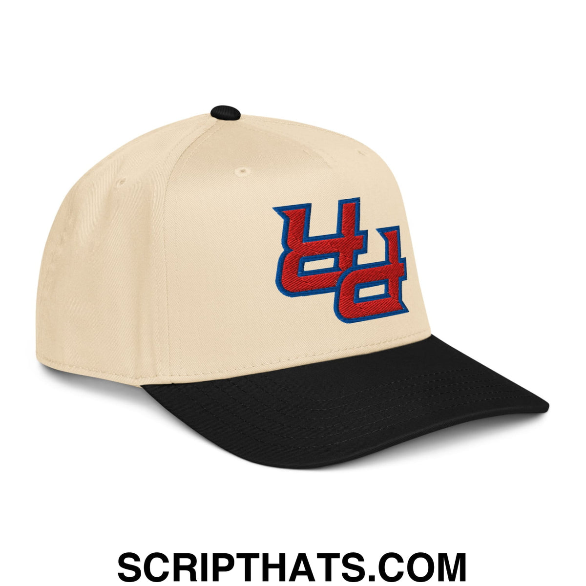Beige and black baseball snapback hat with red embroidered upside down PR Puerto Rico logo outlined in blue