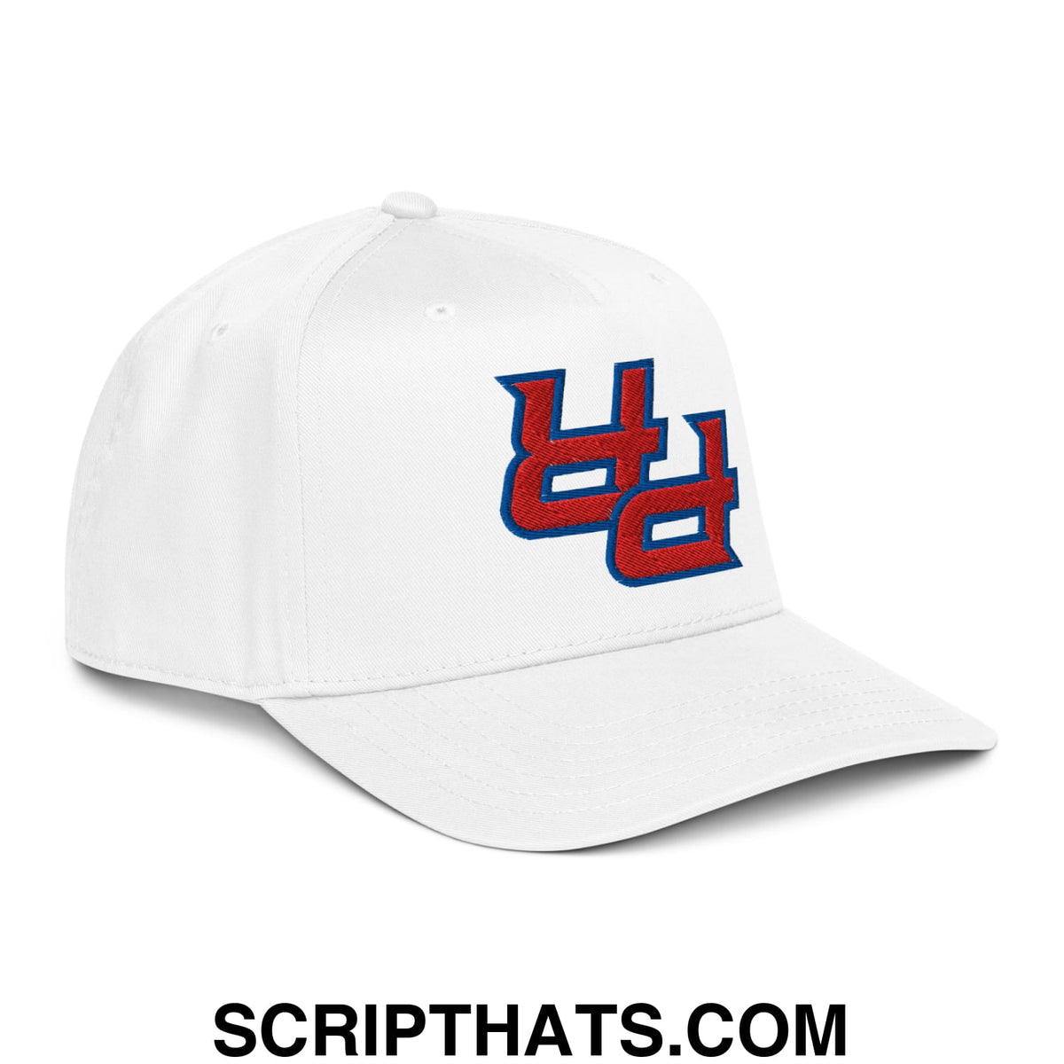 White baseball snapback hat with bold red and blue upside down PR Puerto Rico embroidered logo on front
