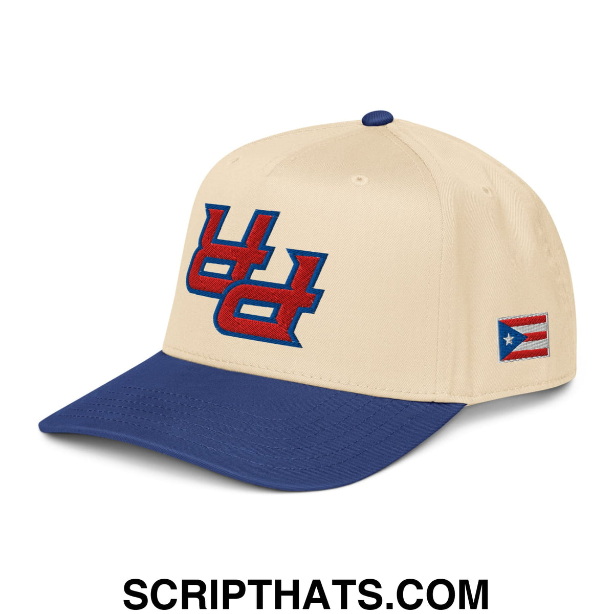 Upside Down PR Puerto Rico embroidered baseball snapback hat in beige and navy with red and blue uc logo and flag patch
