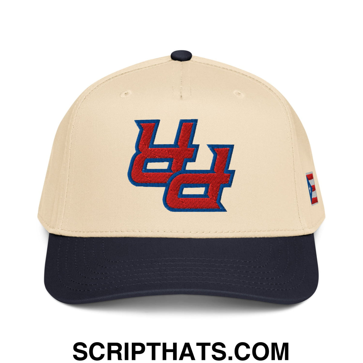 Beige and navy baseball snapback hat with red and blue embroidered ud logo from Upside Down PR Puerto Rico collection