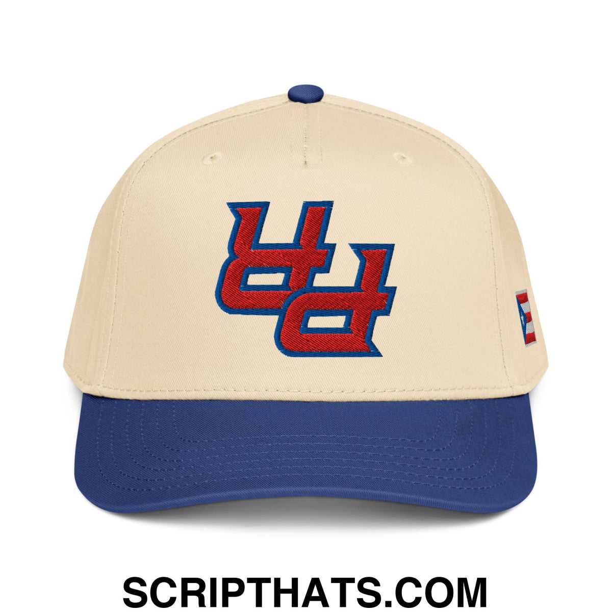 Beige and royal blue Upside Down PR Puerto Rico baseball snapback hat with bold red and navy embroidered uc logo