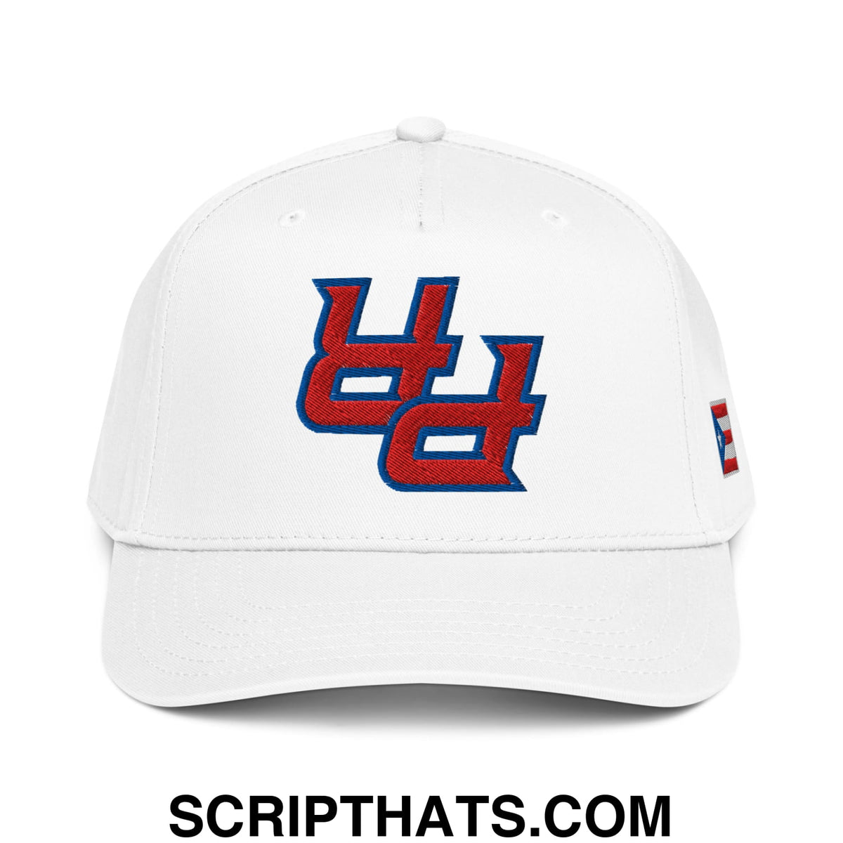 White baseball cap with red and blue embroidered uc logo front branded upside down pr puerto rico snapback hat