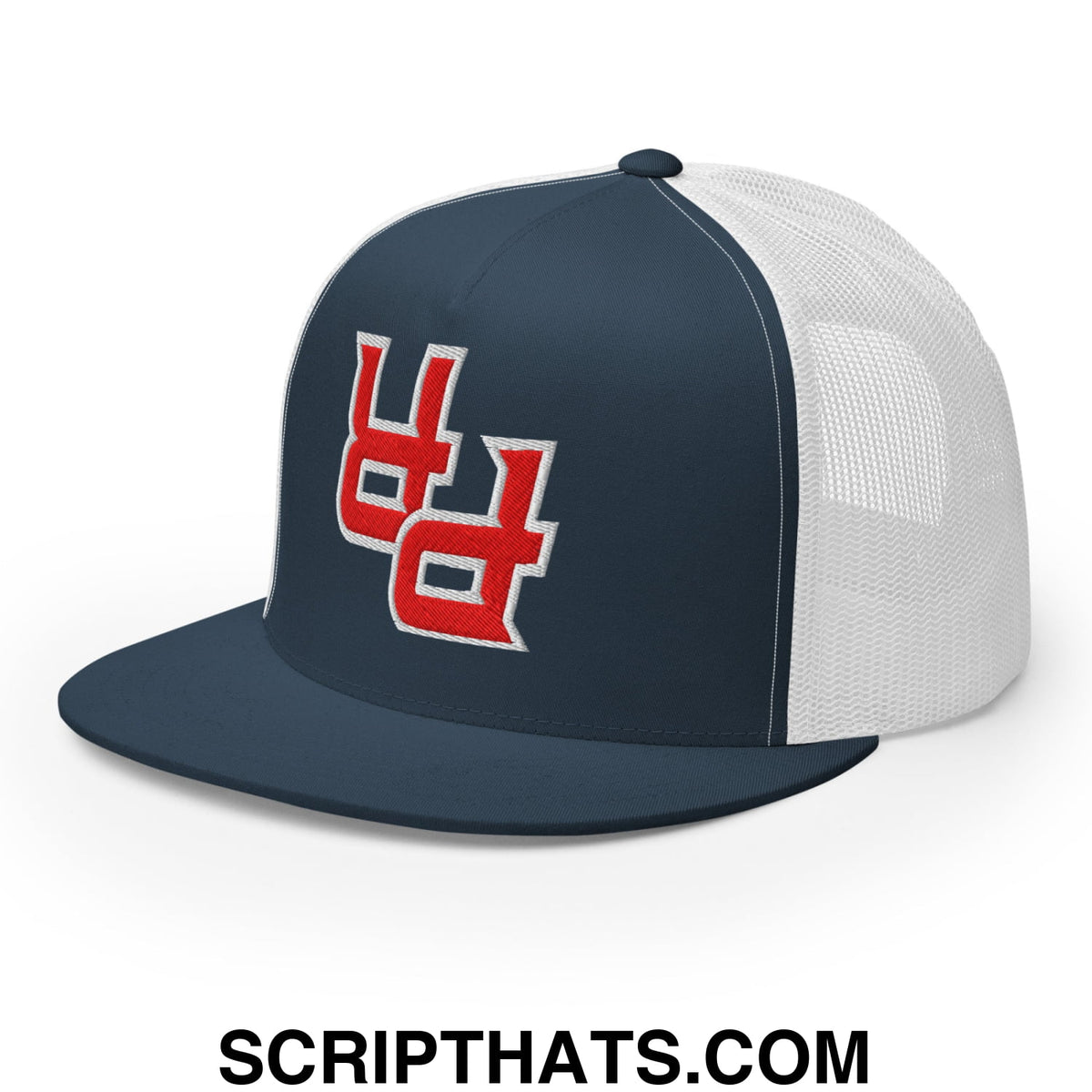 Navy blue and white mesh trucker hat with flat bill and red embroidered u logo from Upside Down PR Puerto Rico collection