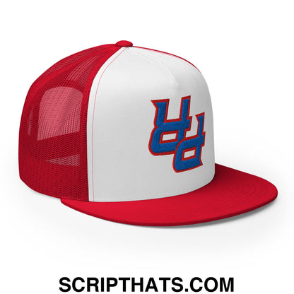 Red and white mesh trucker hat with blue embroidered upside down pr puerto rico logo and flat bill brim