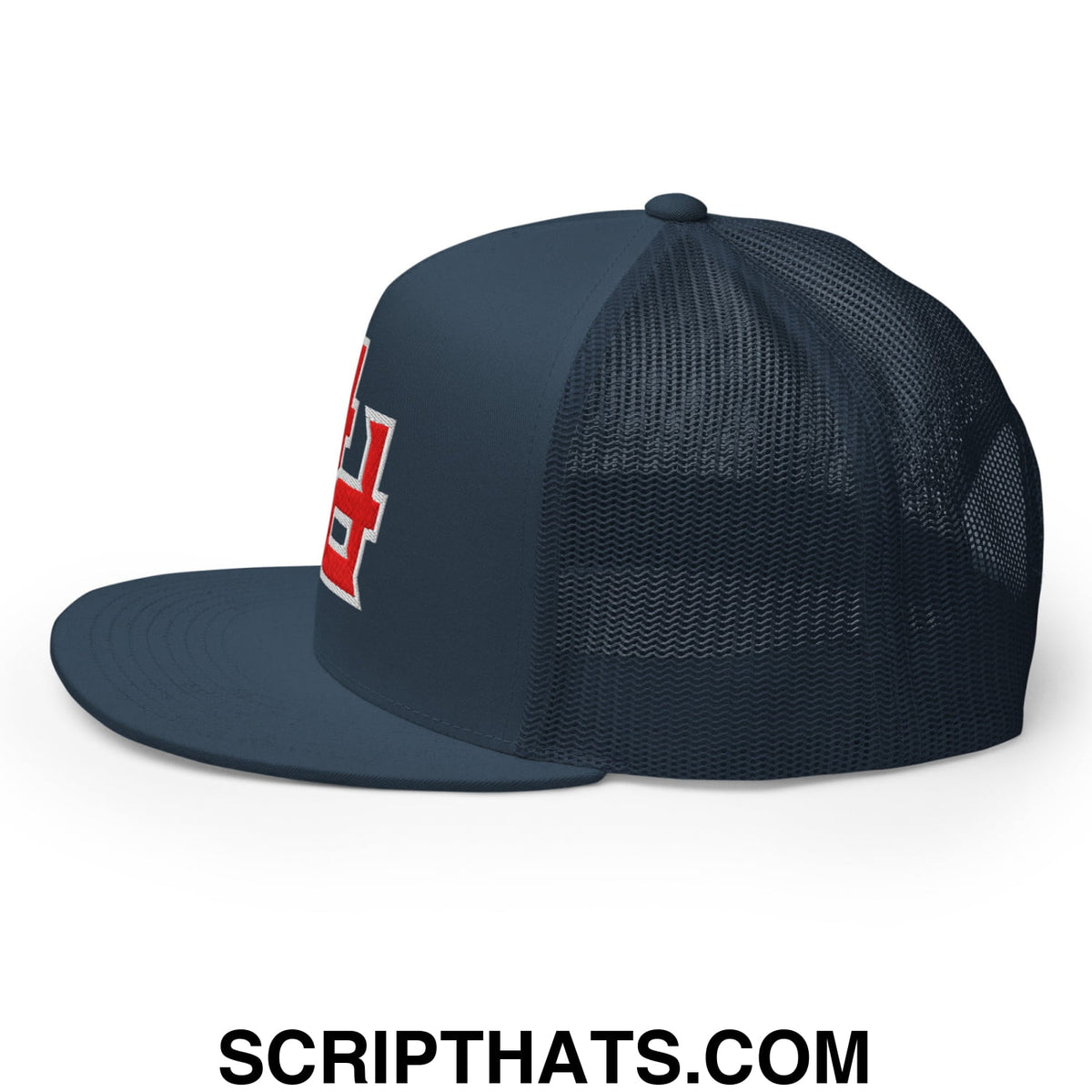 Dark navy blue mesh trucker snapback cap with red and white upside down pr puerto rico embroidered logo