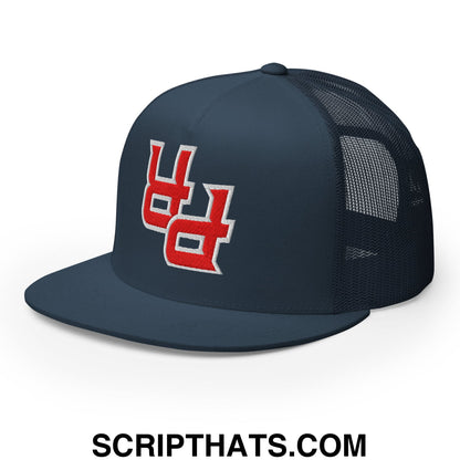 Navy blue mesh trucker hat with red and white embroidered u logo flat bill brim by upside down pr puerto rico