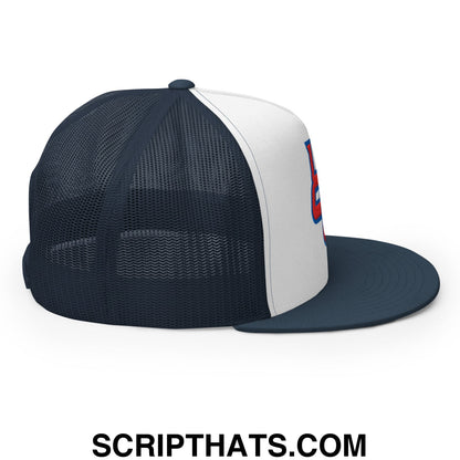 Navy and white mesh trucker hat with flat bill brim and red blue white upside down pr puerto rico embroidered logo